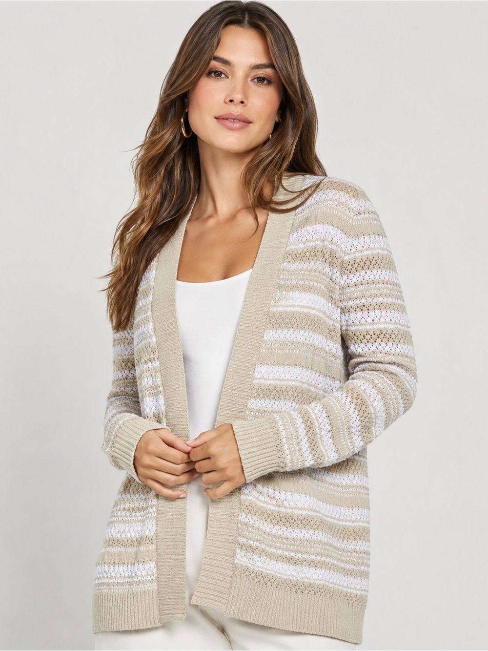 Jones New York Textured Stripe Open Front Cardigan Natural Stone Tan White S NEW - Picture 1 of 15